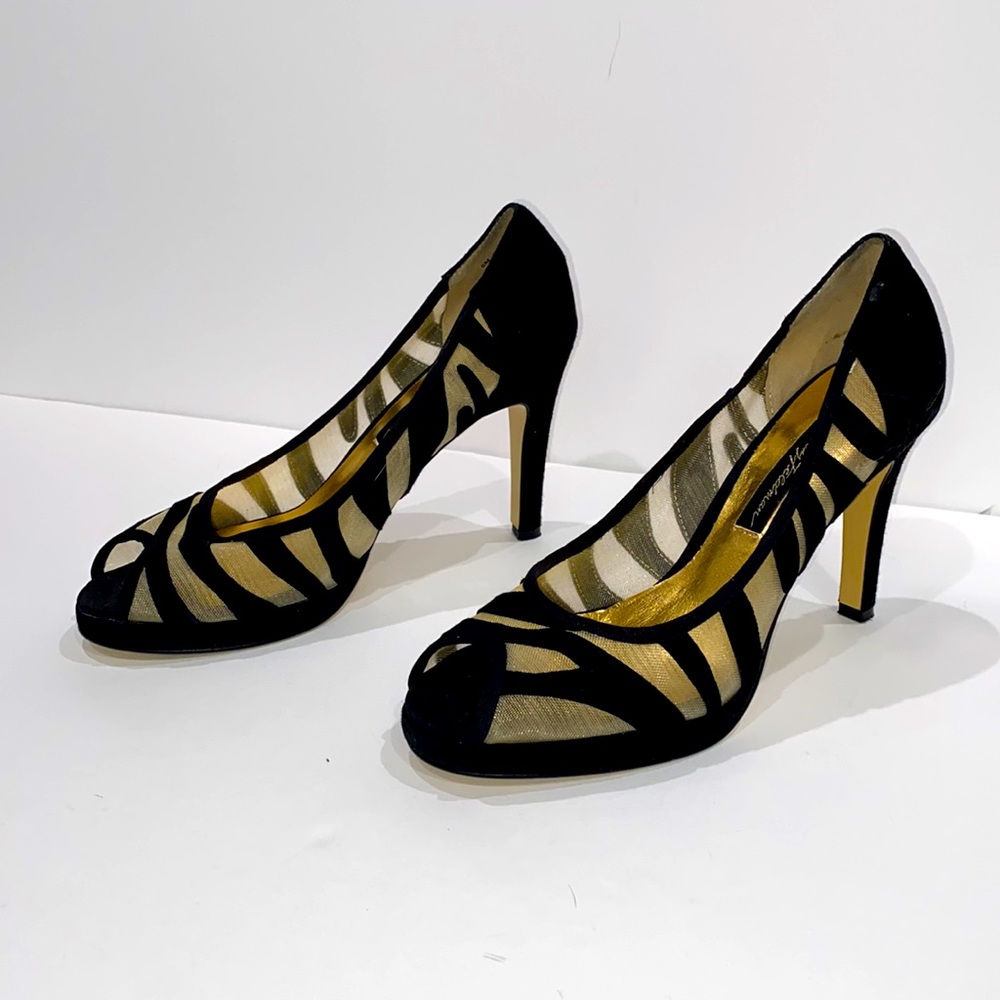 Beverly Feldman Black Suede Zebra Print & Sheer Net Peep Toe 4” Pumps EUC Size 8